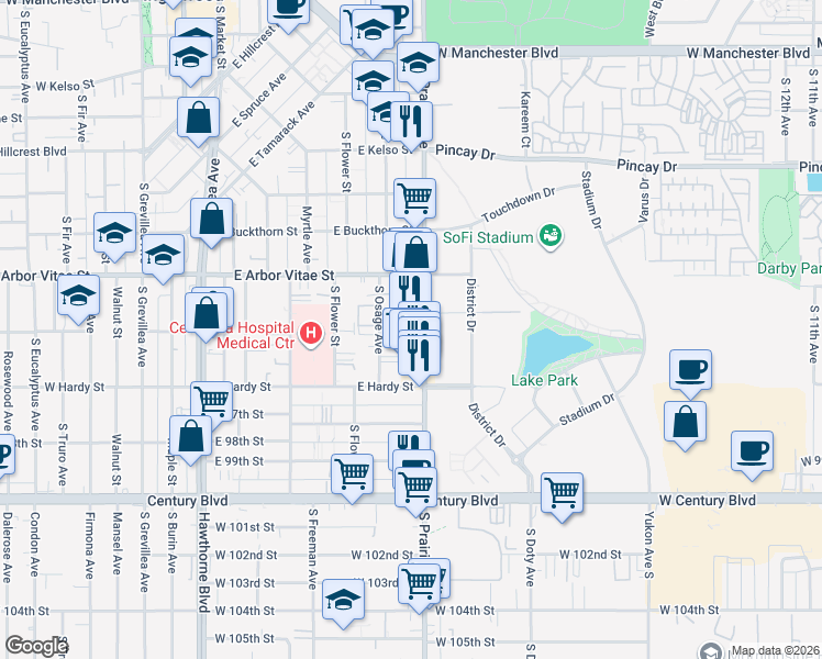 map of restaurants, bars, coffee shops, grocery stores, and more near 945 South Prairie Avenue in Inglewood