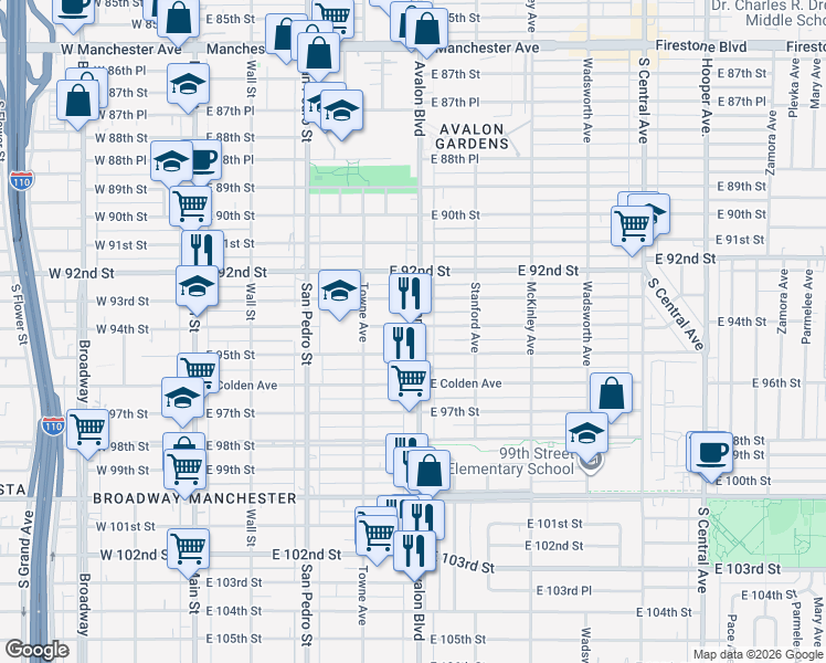 map of restaurants, bars, coffee shops, grocery stores, and more near 9401 South Avalon Boulevard in Los Angeles