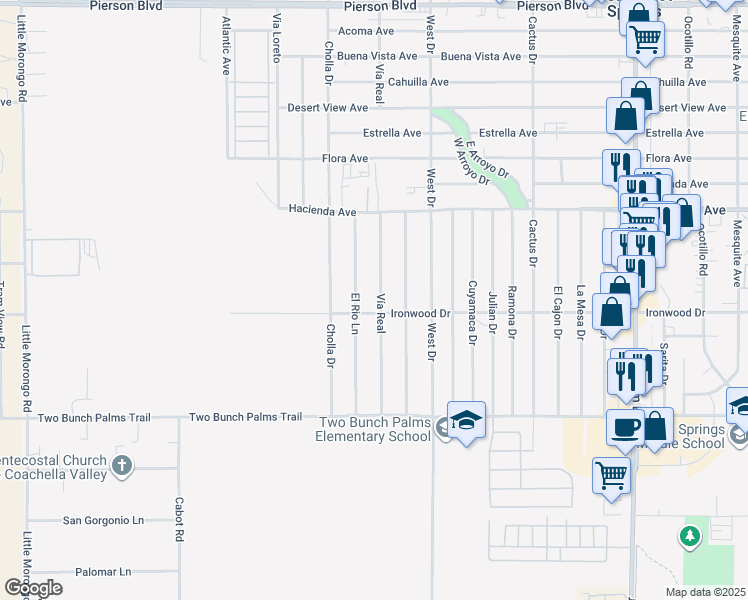 map of restaurants, bars, coffee shops, grocery stores, and more near 13437 Vía Real in Desert Hot Springs