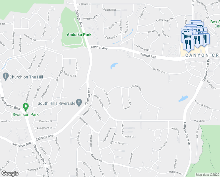 map of restaurants, bars, coffee shops, grocery stores, and more near 1455 Vía Vallarta in Riverside