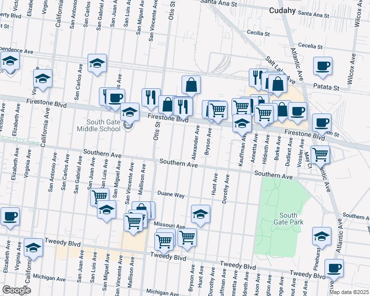 map of restaurants, bars, coffee shops, grocery stores, and more near 8966 Bowman Avenue in South Gate