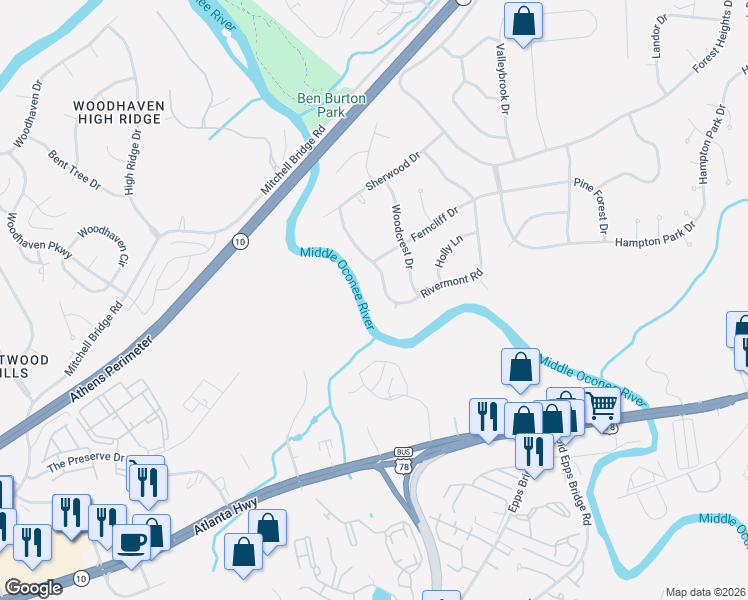 map of restaurants, bars, coffee shops, grocery stores, and more near 655 Rivermont Road in Athens