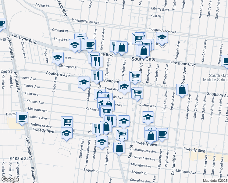 map of restaurants, bars, coffee shops, grocery stores, and more near 9312 Garden View Avenue in South Gate