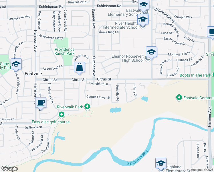 map of restaurants, bars, coffee shops, grocery stores, and more near 13285 Eaglebluff Lane in Corona