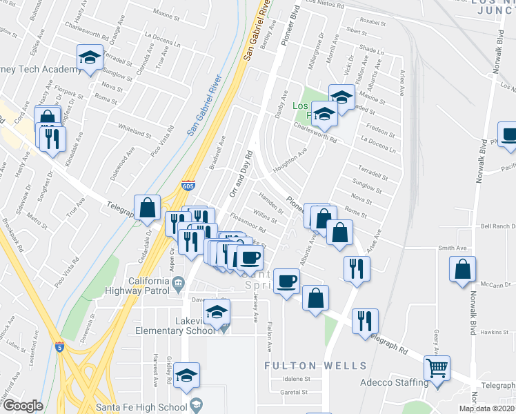 map of restaurants, bars, coffee shops, grocery stores, and more near 11523 Willins Street in Santa Fe Springs