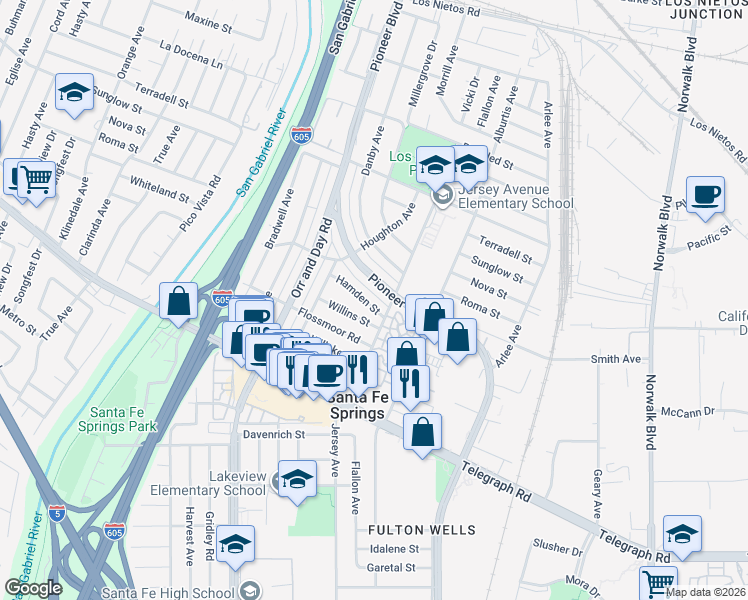 map of restaurants, bars, coffee shops, grocery stores, and more near 11565 Hamden Street in Santa Fe Springs