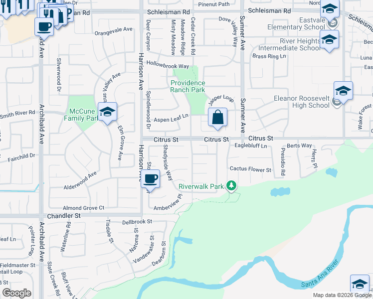 map of restaurants, bars, coffee shops, grocery stores, and more near 13627 Hunters Run Court in Corona