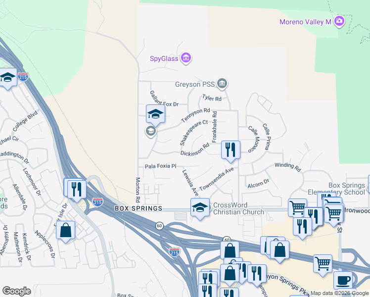 map of restaurants, bars, coffee shops, grocery stores, and more near 21221 Shakespeare Court in Moreno Valley