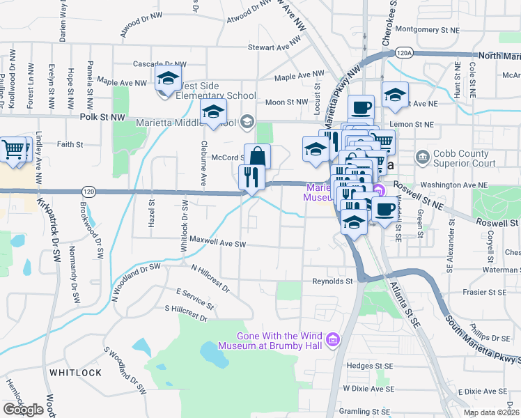 map of restaurants, bars, coffee shops, grocery stores, and more near 33 Whitlock Square Southwest in Marietta
