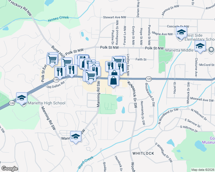 map of restaurants, bars, coffee shops, grocery stores, and more near 707 Whitlock Avenue Southwest in Marietta