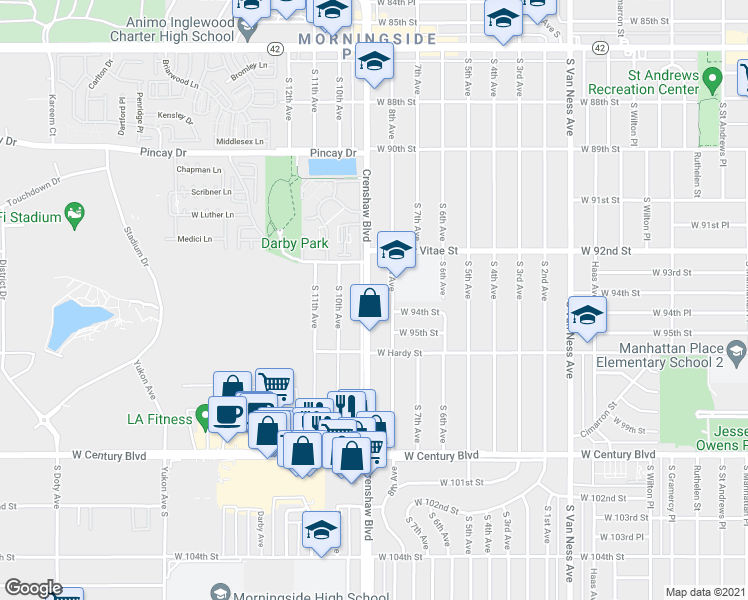 map of restaurants, bars, coffee shops, grocery stores, and more near 9350 South Crenshaw Boulevard in Inglewood