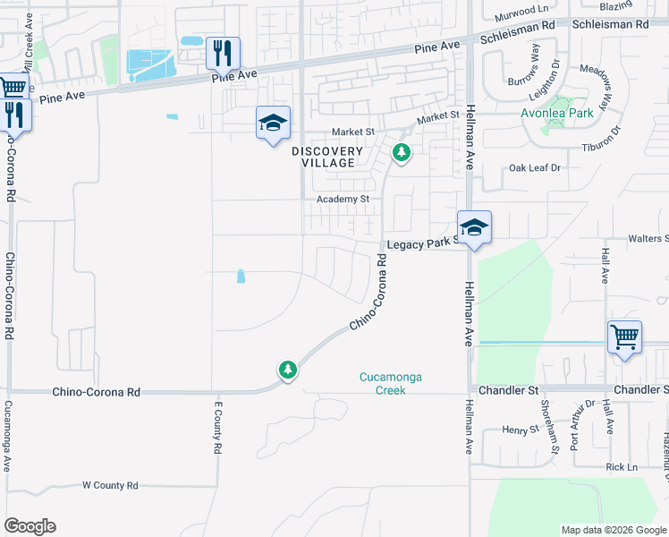 map of restaurants, bars, coffee shops, grocery stores, and more near 16661 Dara Avenue in Chino