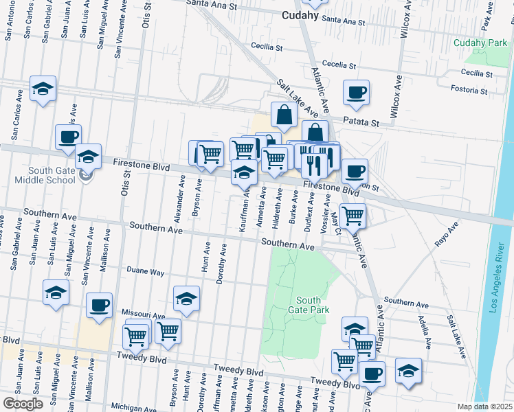map of restaurants, bars, coffee shops, grocery stores, and more near 8946 Annetta Avenue in South Gate