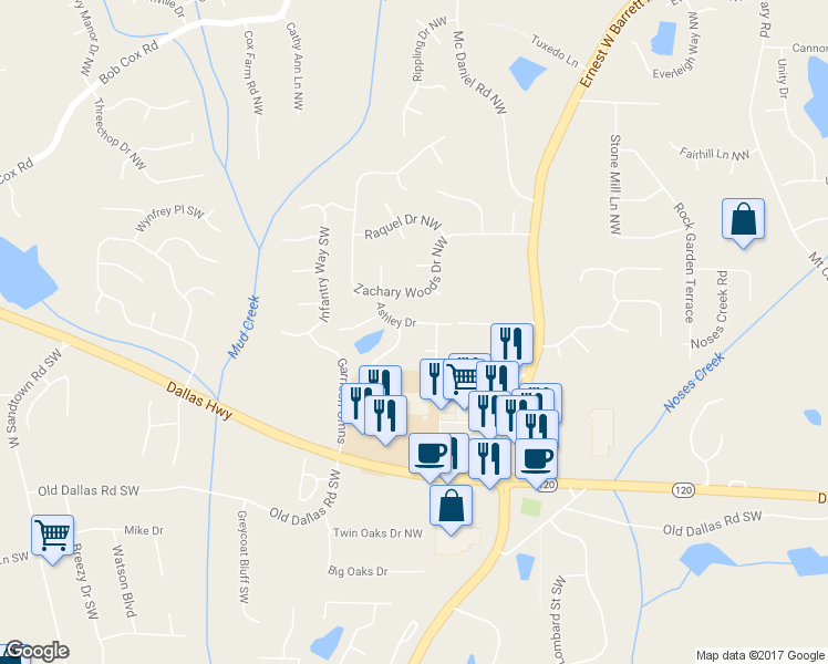 map of restaurants, bars, coffee shops, grocery stores, and more near 2659 Ashley Drive in Marietta