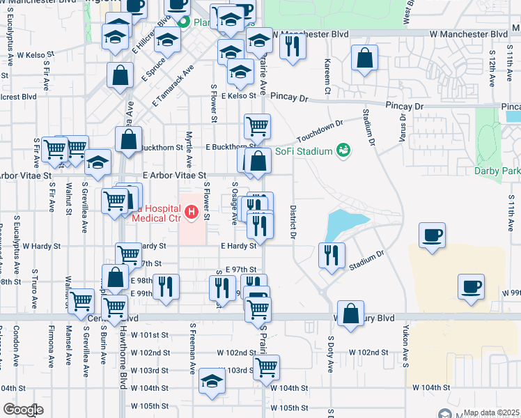 map of restaurants, bars, coffee shops, grocery stores, and more near 945 South Prairie Avenue in Inglewood