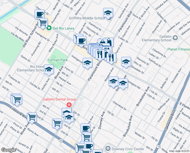 map of restaurants, bars, coffee shops, grocery stores, and more near 10348 Paramount Boulevard in Downey