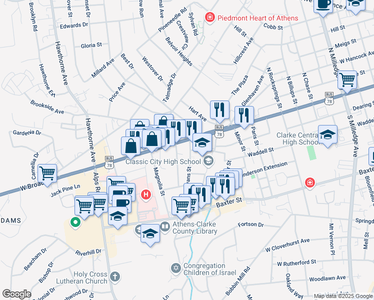 map of restaurants, bars, coffee shops, grocery stores, and more near 202 Evans Street in Athens