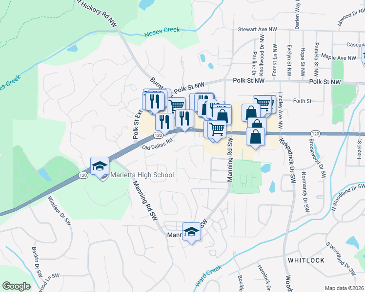 map of restaurants, bars, coffee shops, grocery stores, and more near 999 Whitlock Avenue Southwest in Marietta
