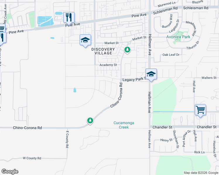 map of restaurants, bars, coffee shops, grocery stores, and more near 16678 Deergrass Avenue in Chino