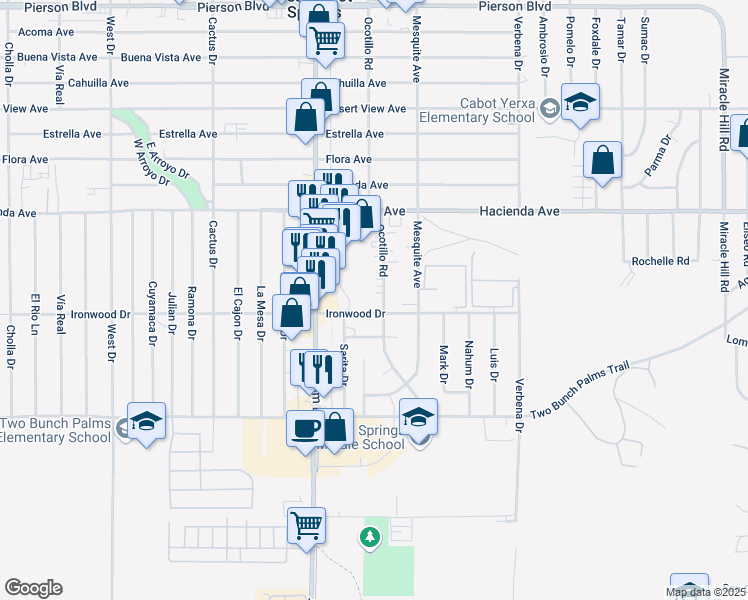 map of restaurants, bars, coffee shops, grocery stores, and more near 13417 Ocotillo Road in Desert Hot Springs