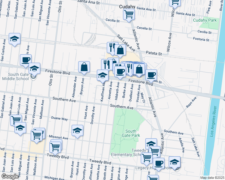 map of restaurants, bars, coffee shops, grocery stores, and more near 8946 Annetta Avenue in South Gate