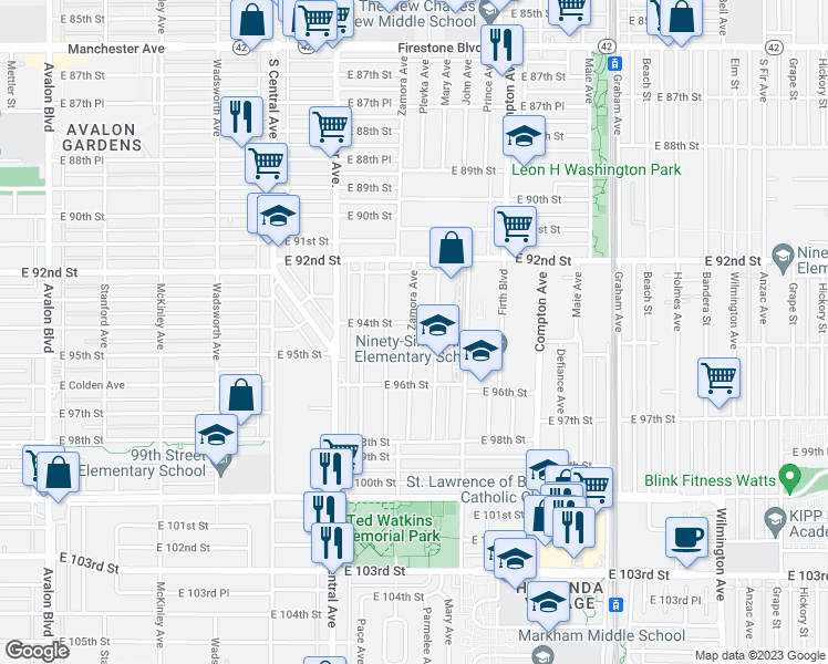 map of restaurants, bars, coffee shops, grocery stores, and more near 9404 Zamora Avenue in Los Angeles