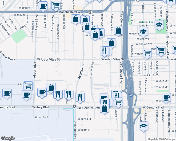 map of restaurants, bars, coffee shops, grocery stores, and more near 9329 Isis Avenue in Los Angeles
