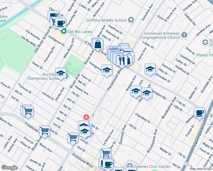 map of restaurants, bars, coffee shops, grocery stores, and more near 10415 Paramount Boulevard in Downey