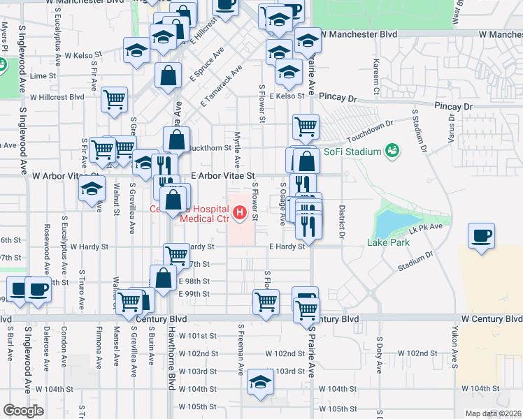 map of restaurants, bars, coffee shops, grocery stores, and more near 940 South Flower Street in Inglewood