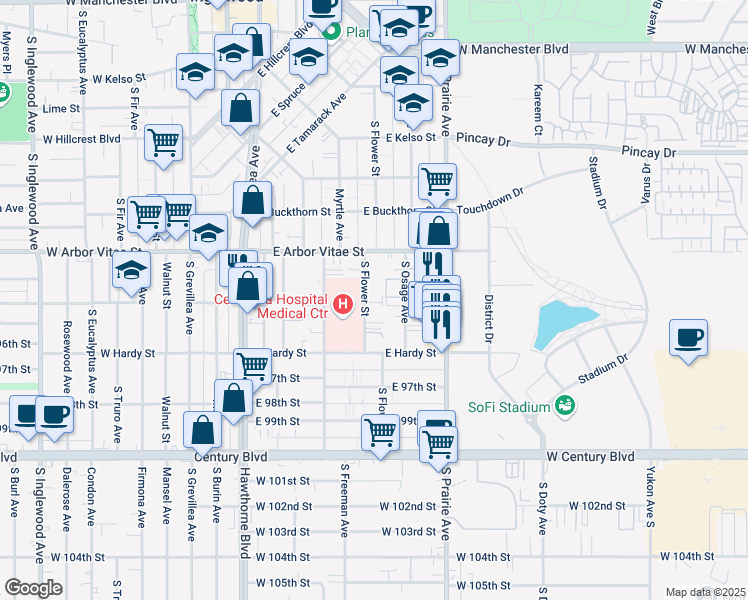 map of restaurants, bars, coffee shops, grocery stores, and more near 940 South Flower Street in Inglewood