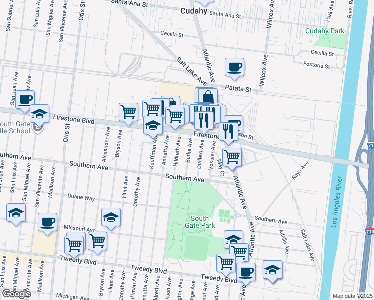 map of restaurants, bars, coffee shops, grocery stores, and more near 8941 Burke Avenue in South Gate