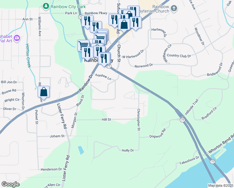 map of restaurants, bars, coffee shops, grocery stores, and more near 141 Nottingham Road in Rainbow City
