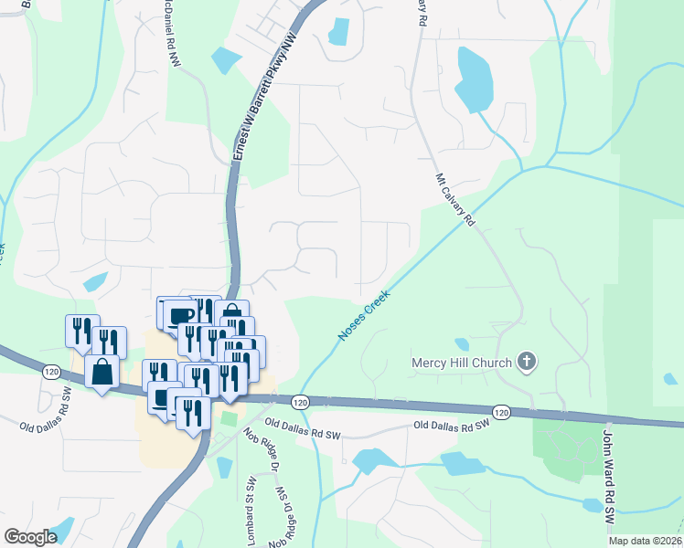 map of restaurants, bars, coffee shops, grocery stores, and more near 2370 Battle Forest Drive Southwest in Marietta