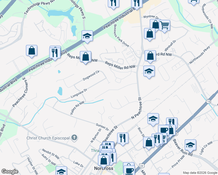map of restaurants, bars, coffee shops, grocery stores, and more near 505 Cochran Drive Northwest in Norcross