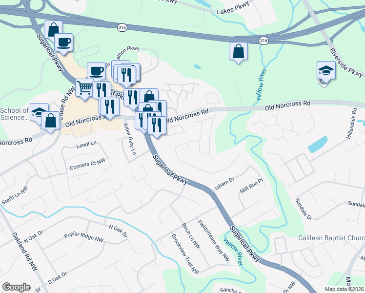 map of restaurants, bars, coffee shops, grocery stores, and more near 1704 Riverlanding Cir in Lawrenceville