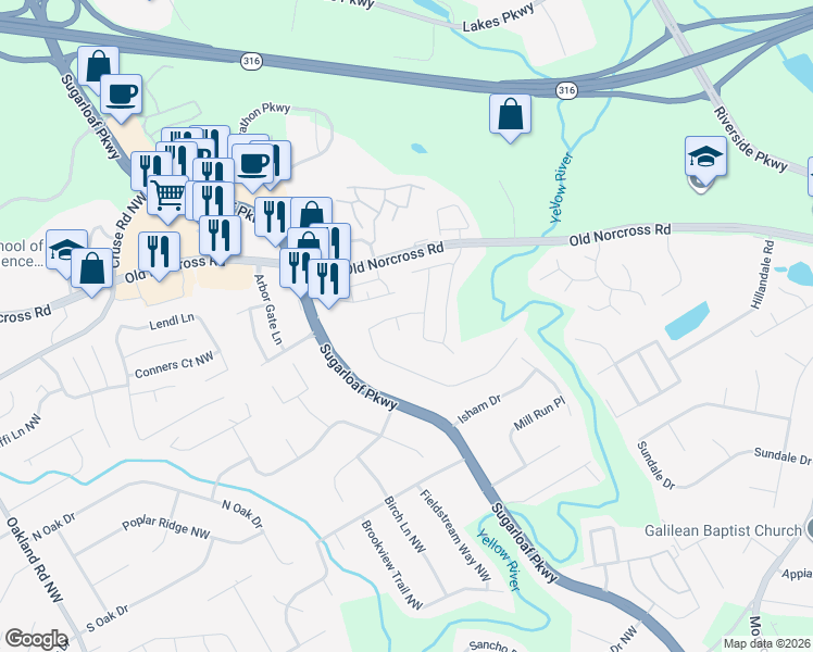 map of restaurants, bars, coffee shops, grocery stores, and more near 719 Riverbridge Drive in Lawrenceville
