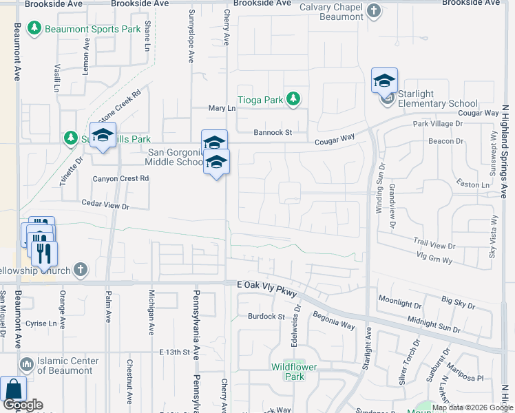 map of restaurants, bars, coffee shops, grocery stores, and more near 1519 Asteroid Way in Beaumont