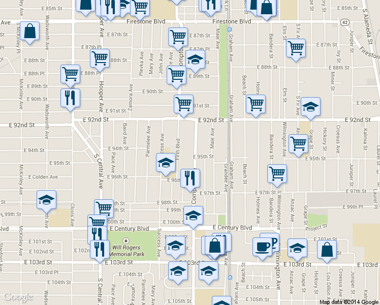 map of restaurants, bars, coffee shops, grocery stores, and more near 9415 Compton Avenue in Los Angeles