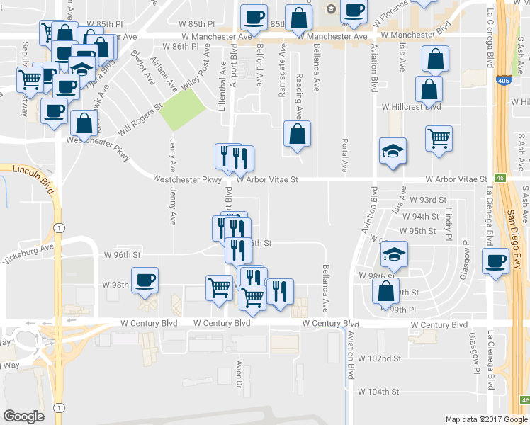 map of restaurants, bars, coffee shops, grocery stores, and more near 9400 Belford Avenue in Los Angeles