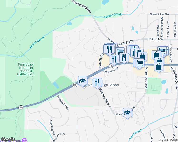 map of restaurants, bars, coffee shops, grocery stores, and more near 1216 Whitlock Ridge Drive in Marietta