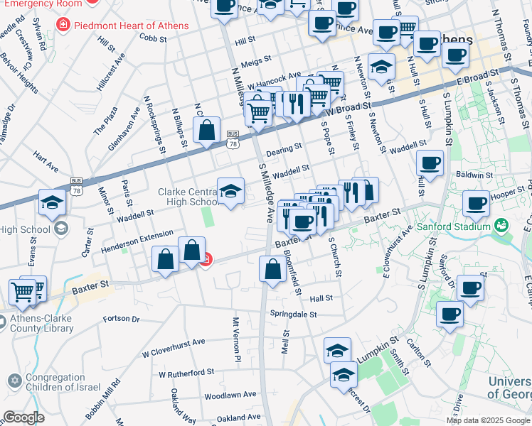 map of restaurants, bars, coffee shops, grocery stores, and more near 394 South Milledge Avenue in Athens