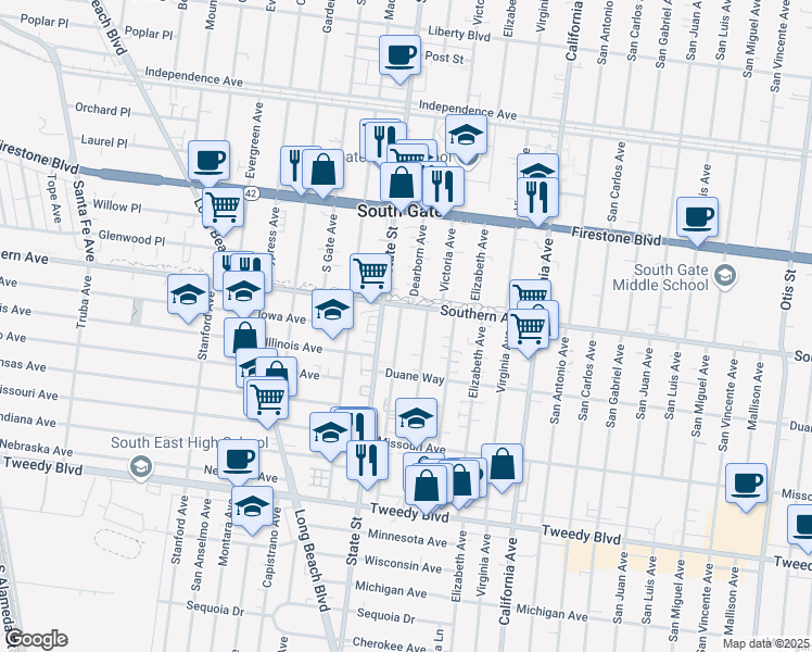 map of restaurants, bars, coffee shops, grocery stores, and more near 9230 Deeble Street in South Gate