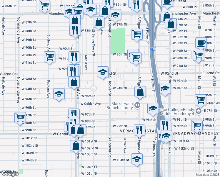 map of restaurants, bars, coffee shops, grocery stores, and more near S Hoover St & W 94th St in Los Angeles