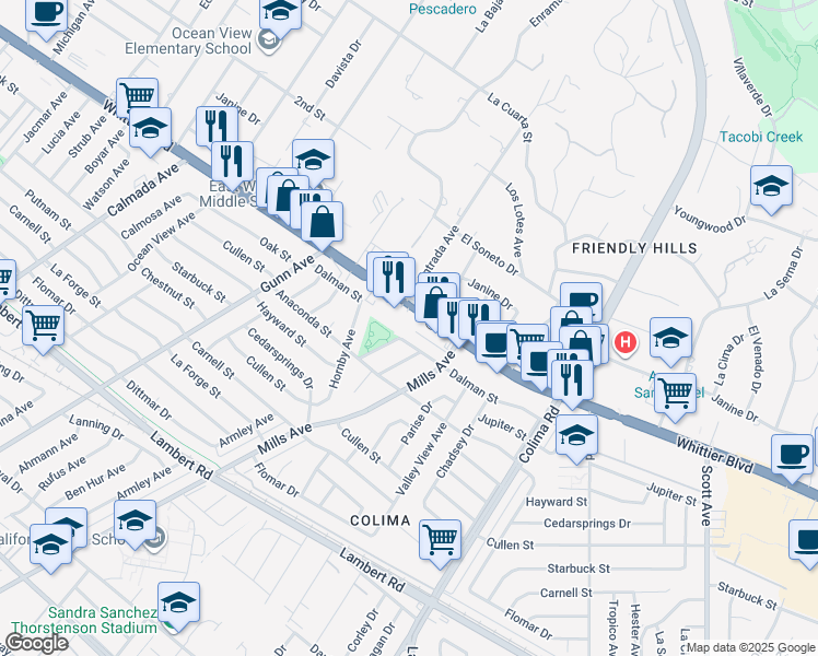 map of restaurants, bars, coffee shops, grocery stores, and more near 14640 1/2 Whittier Boulevard in Whittier