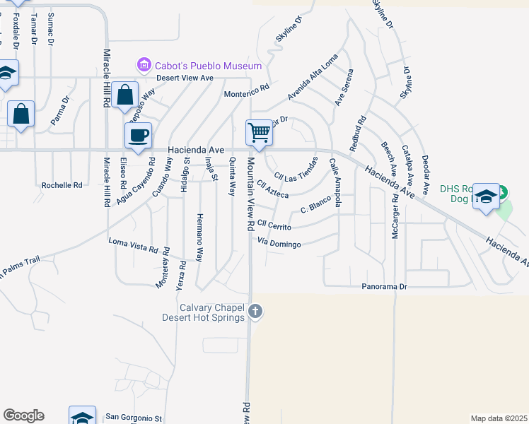 map of restaurants, bars, coffee shops, grocery stores, and more near 13396 Avenue Hermosa in Desert Hot Springs