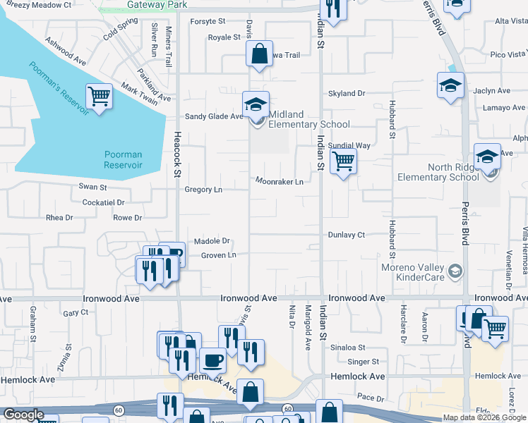map of restaurants, bars, coffee shops, grocery stores, and more near 24270 Virginia Lane in Moreno Valley
