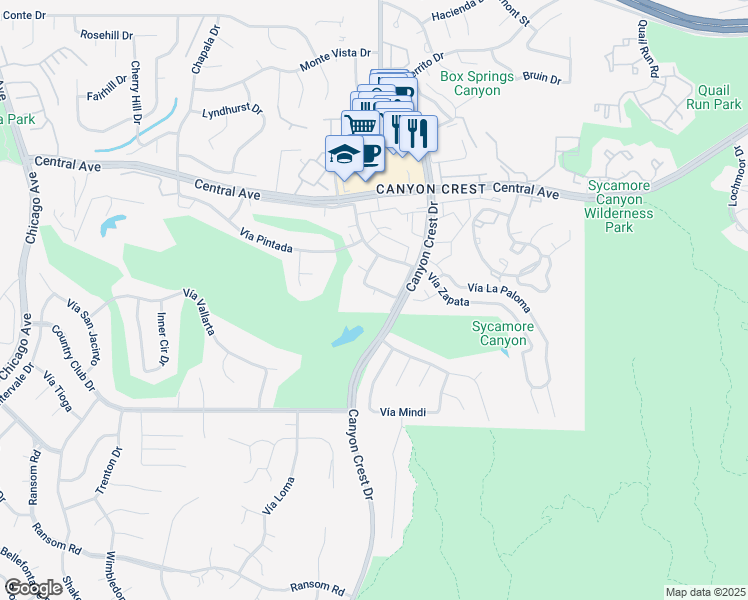 map of restaurants, bars, coffee shops, grocery stores, and more near 5555 Canyon Crest Drive in Riverside