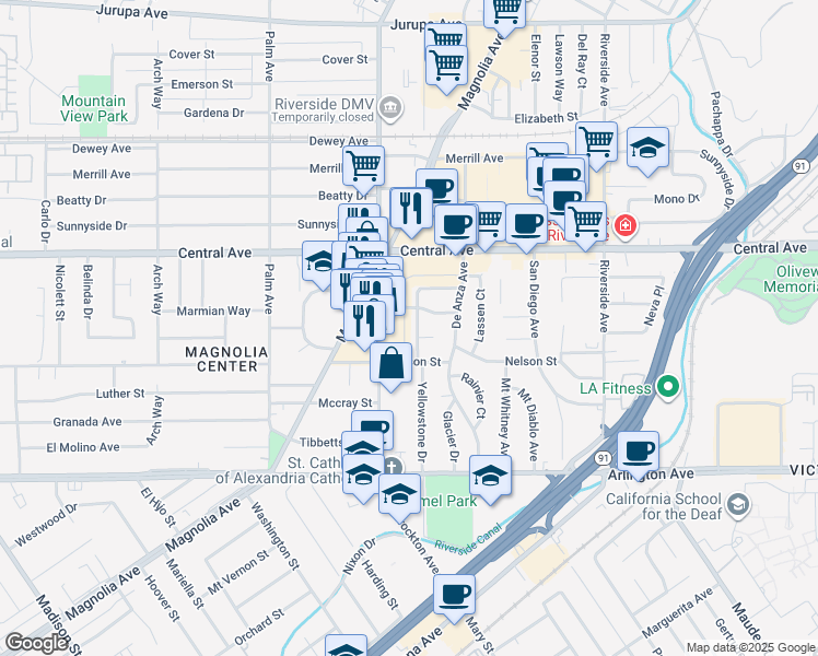 map of restaurants, bars, coffee shops, grocery stores, and more near 6735 Yellowstone Drive in Riverside