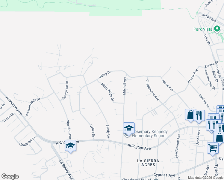 map of restaurants, bars, coffee shops, grocery stores, and more near 6768 Misty Ridge Drive in Riverside
