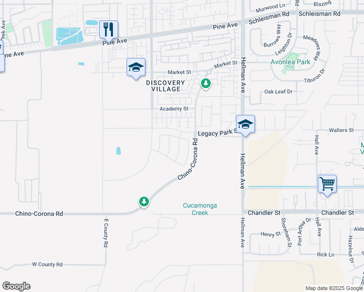 map of restaurants, bars, coffee shops, grocery stores, and more near 16677 Deergrass Avenue in Chino